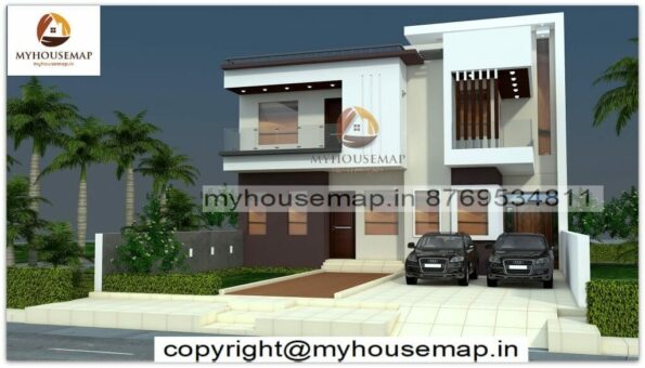 image of G+1 contemporary house elevation design and modern front with perfect color theme.