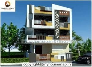 Double Floor Home Front Design With Parking And Cream Color Tiles