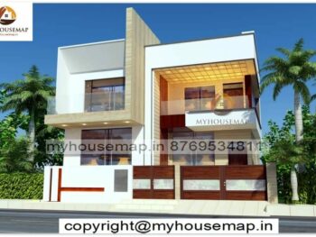 image of Duplex contemporary elevation and white theme front design with tiles.