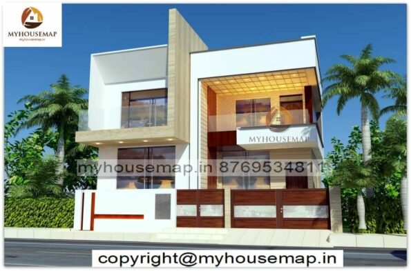 image of Duplex contemporary elevation and white theme front design with tiles.