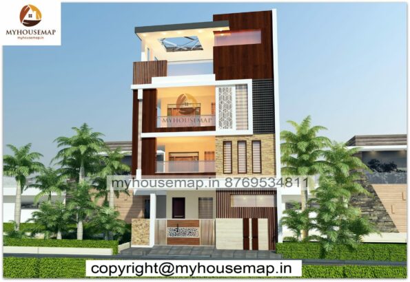 image of elevation for 3 floor building and modern and simple design with perfect color