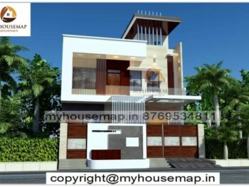 image of 2 floor house front elevation and white, brown and gray color with modern front design