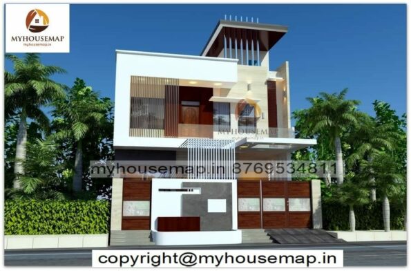 image of 2 floor house front elevation and white, brown and gray color with modern front design