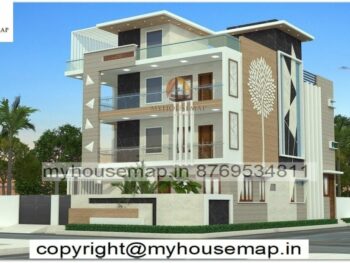 image of 3 story bungalow design elevation and modern front design with two side elevation