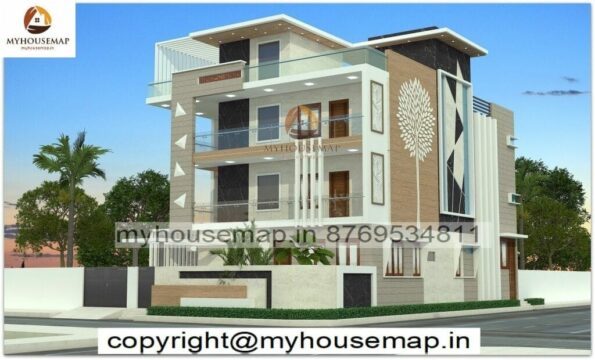 image of 3 story bungalow design elevation and modern front design with two side elevation