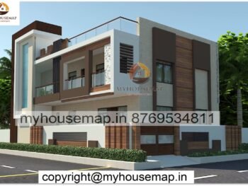 image of 2 floor building elevation design and white, brown, creme color theme with wooden tiles