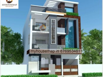 image of elevation design for 3 floor building and white, gray color with perfect color theme