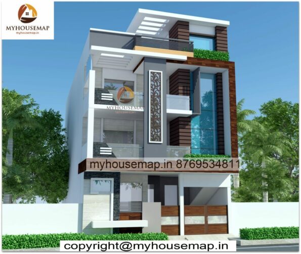 image of elevation design for 3 floor building and white, gray color with perfect color theme