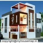 image of 2 story corner house elevation design and best front design for gray and white color theme