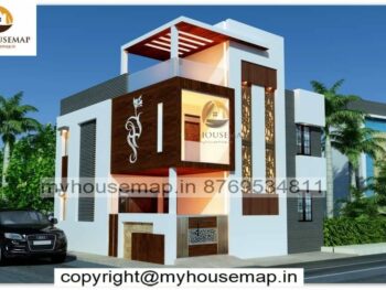 image of 2 story corner house elevation design and best front design for gray and white color theme