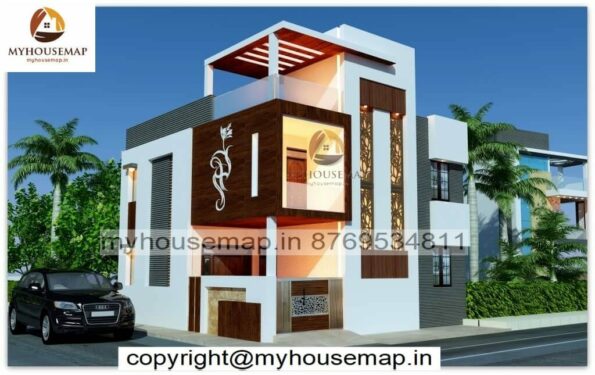 image of 2 story corner house elevation design and best front design for gray and white color theme