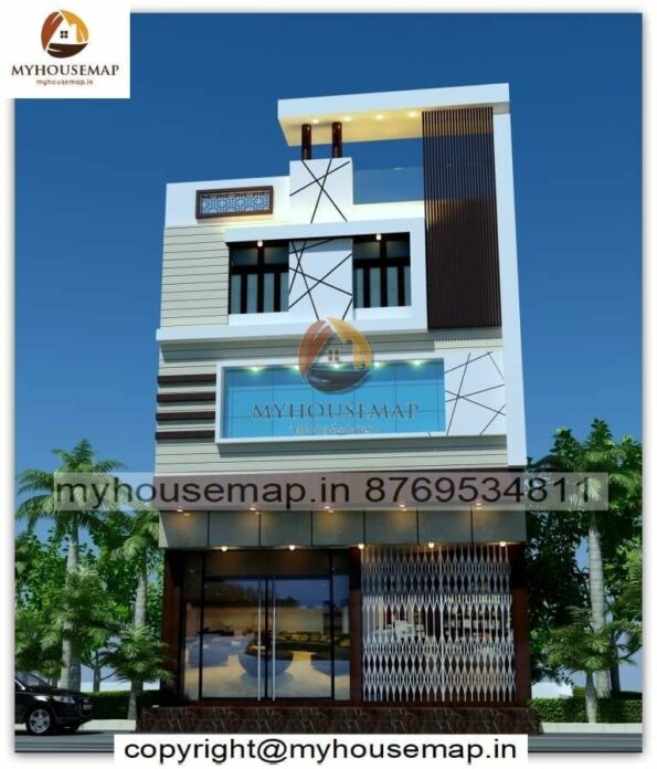 image of 3 floor acp elevation design for shop and latest front design with white, brown color acp sheet