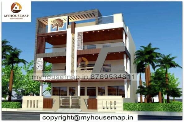 image of triple floor bungalow house front design and unique design with perfect color theme