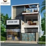 image of 2 story commercial cum residential 3d elevation and beautiful front design with small house