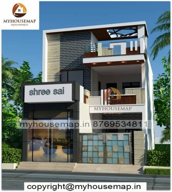 image of 2 story commercial cum residential 3d elevation and beautiful front design with small house