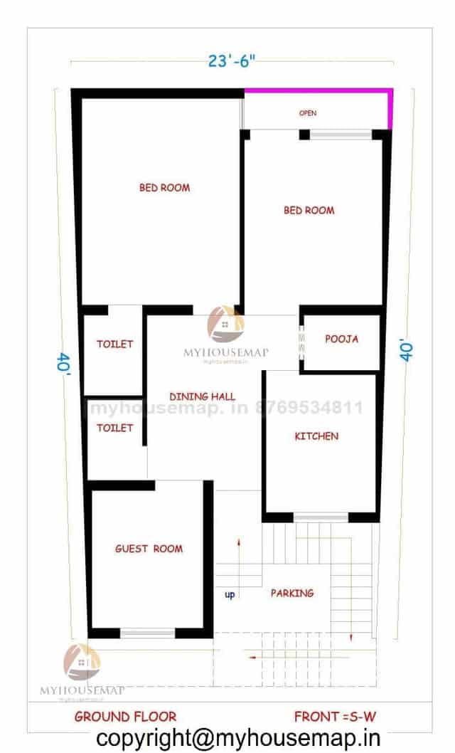 23 40 Ft House Plan 3 Bhk With Parking And Stair Section Is Outside