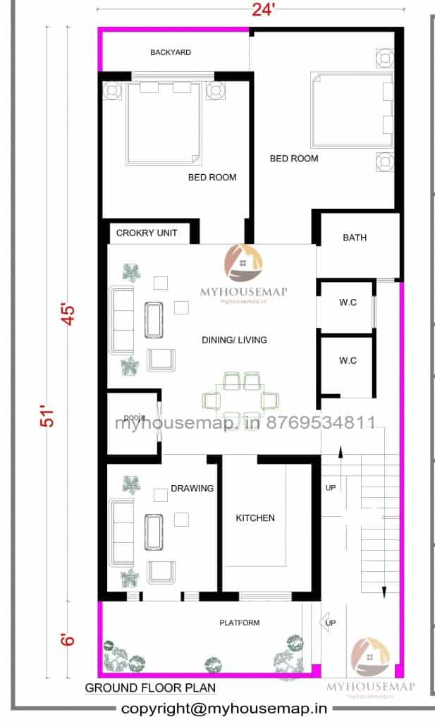 24 51 Ft House Plan 2 Bhk 1200 Sqft Small House Design