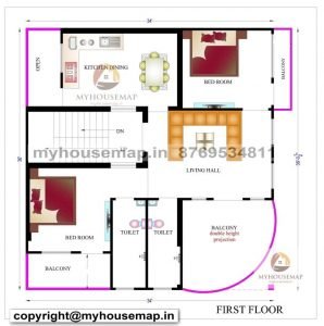 34×36 ft house plan 2bhk