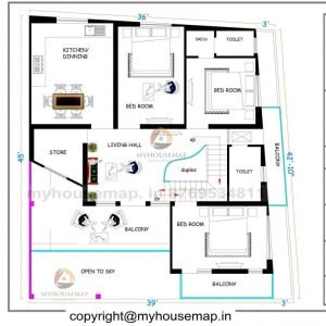 39×45 ft 3 bhk house plan