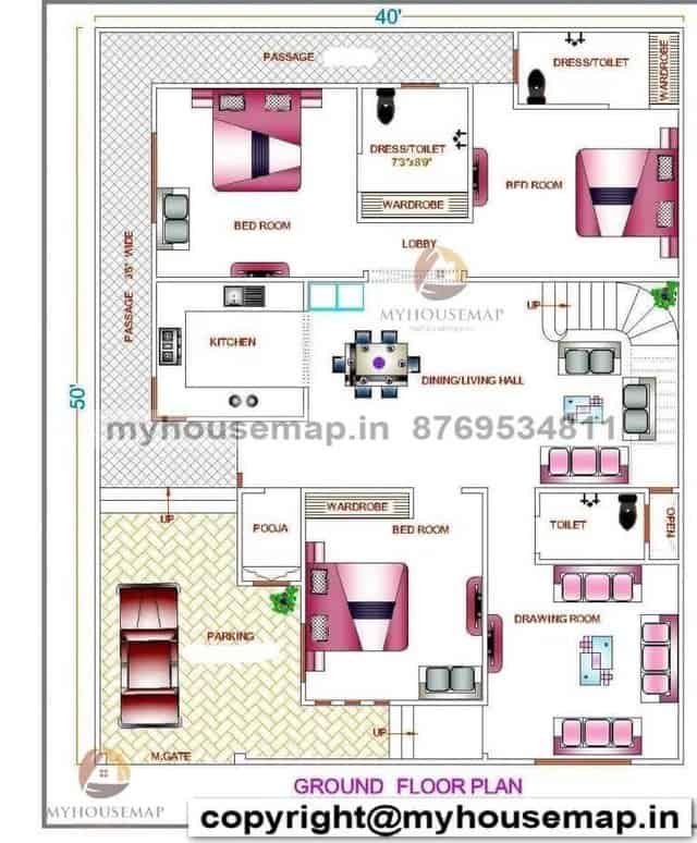 40×50 ft house plan 3bhk
