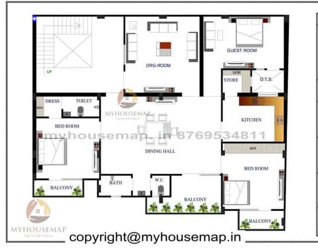 48×37 house plan 3 bhk