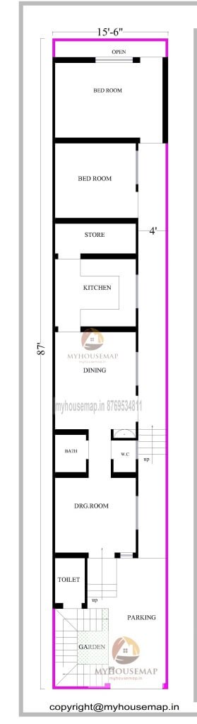 15×87 ft house plan 2 bhk