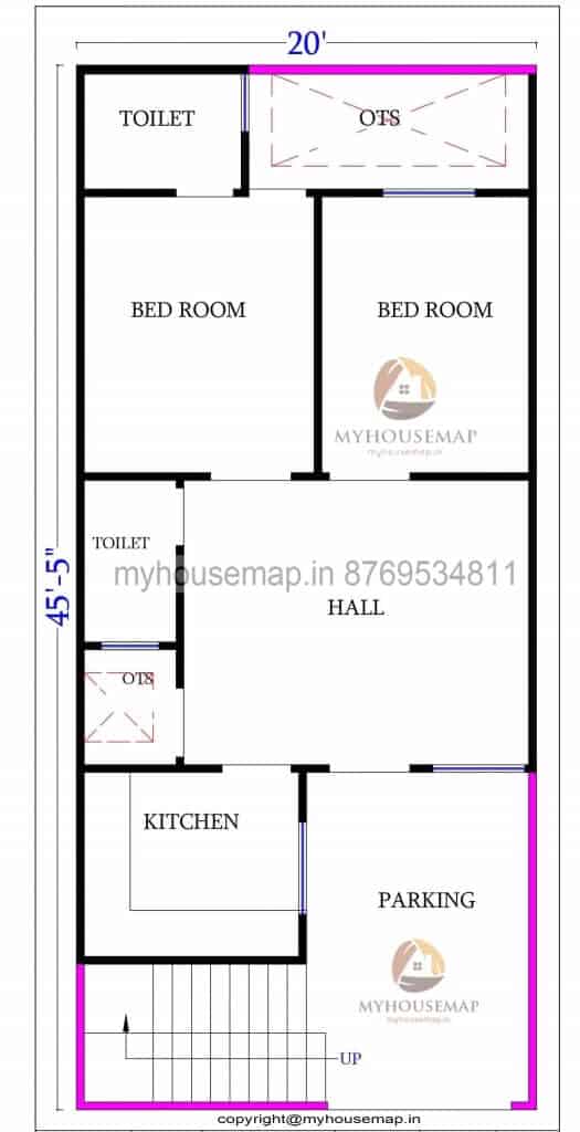 20 45 Ft House Plan 2 Bhk With Parking And Stair Section Is Outside