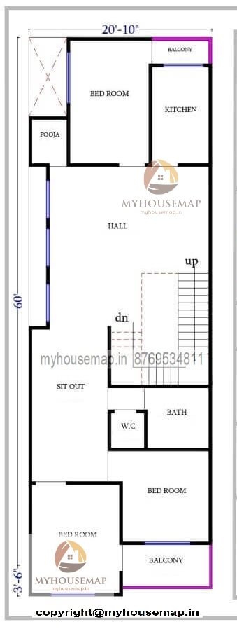 20×60 ft house plan 3 bhk