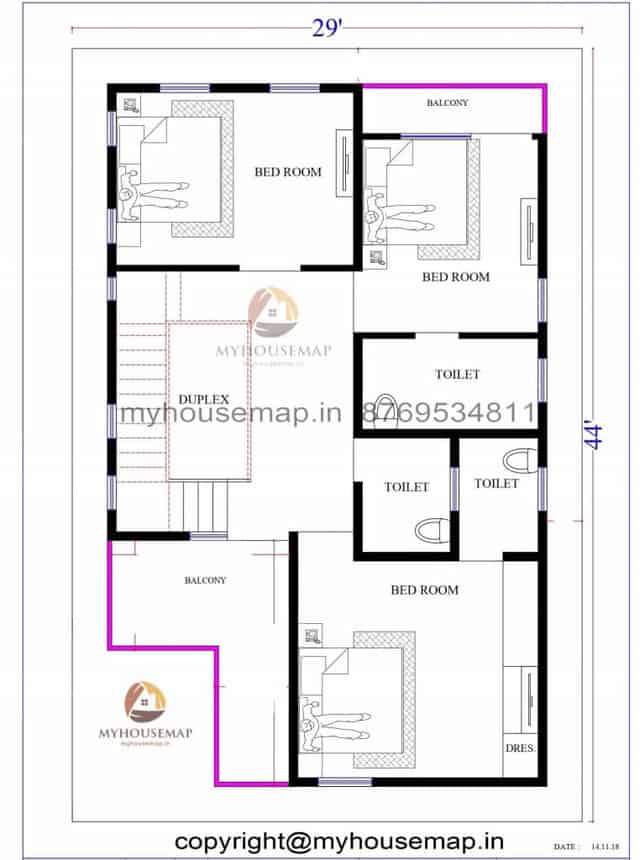 29×44 ft house plan 5 bhk with car aprking and stair inside