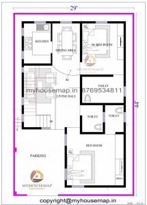 29×44 ft house plan 2 bhk