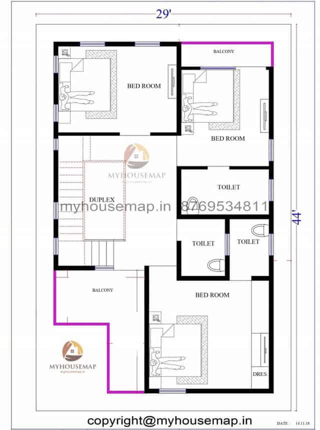 29×44 ft house plan bhk