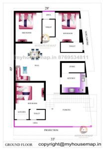 33×49 ft house plan 3 bhk