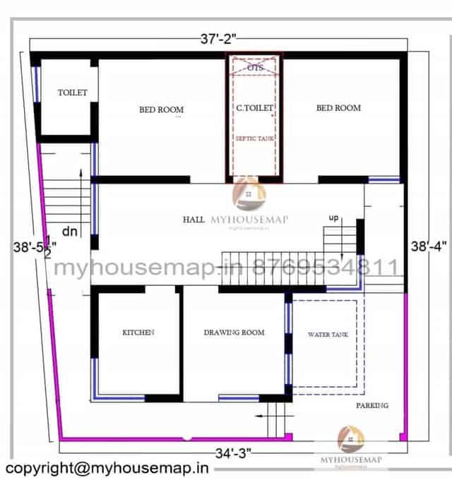 34×38 Ft House Plan 2 Bhk With Car Parking Ground Floor Plan