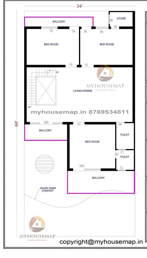 34×69 house plan 3 bhk
