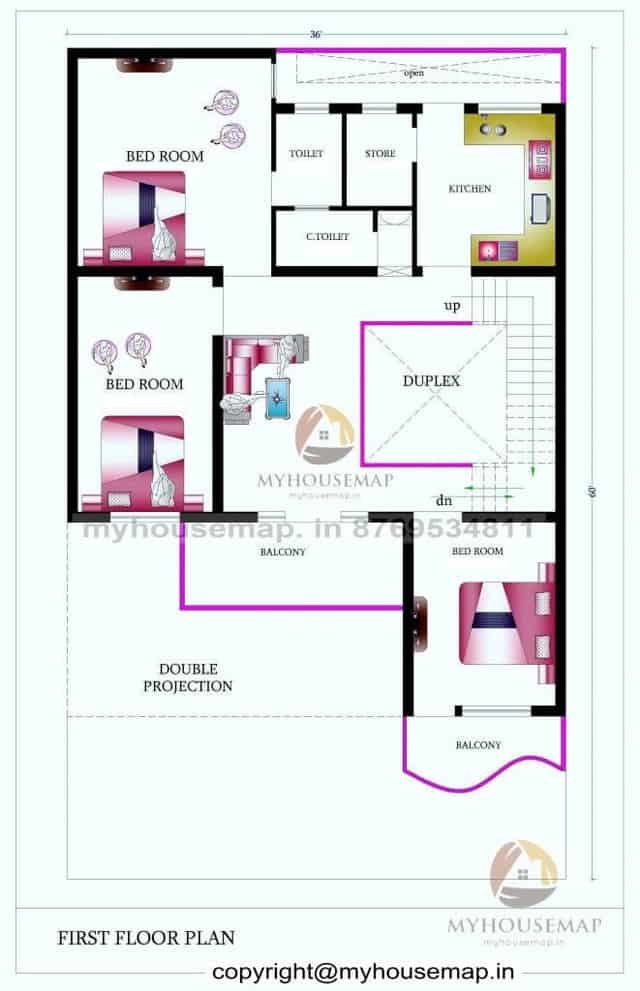 36×60 ft house plan 3 bhk