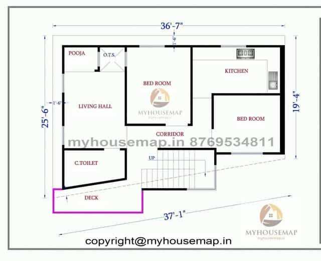 37×25 ft house plan 2 bhk