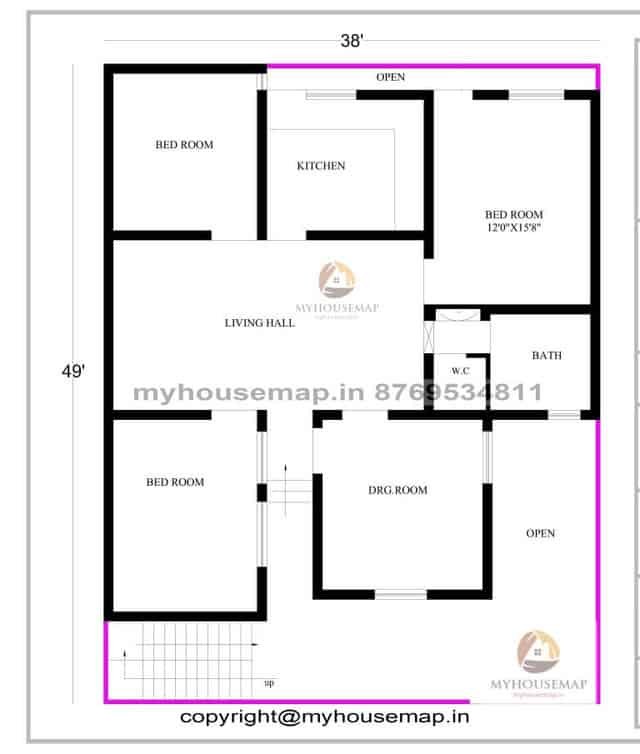 38×49 ft house plan 3 bhk
