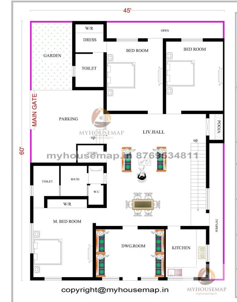 45×60 ft house plan 3 bhk with parkinga and two side