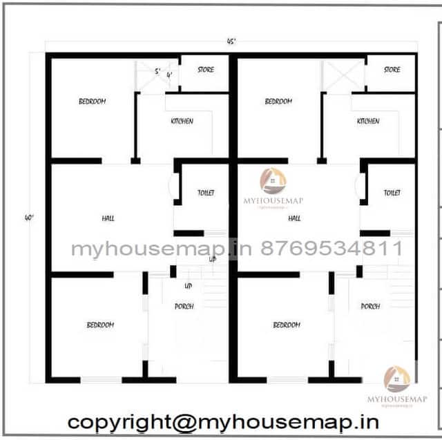 45 40 Ft House Plan 4 Bhk With Porch And 2 Part Of House