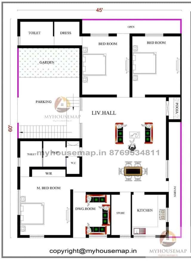 45×60 floor plan 3 bhk