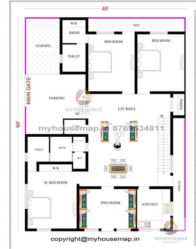 45×60 ft house plan 3 bhk