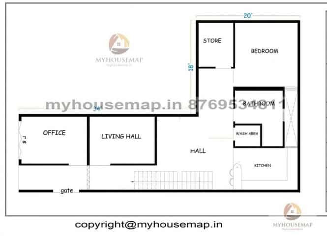 54×32 ft house plan 1bhk