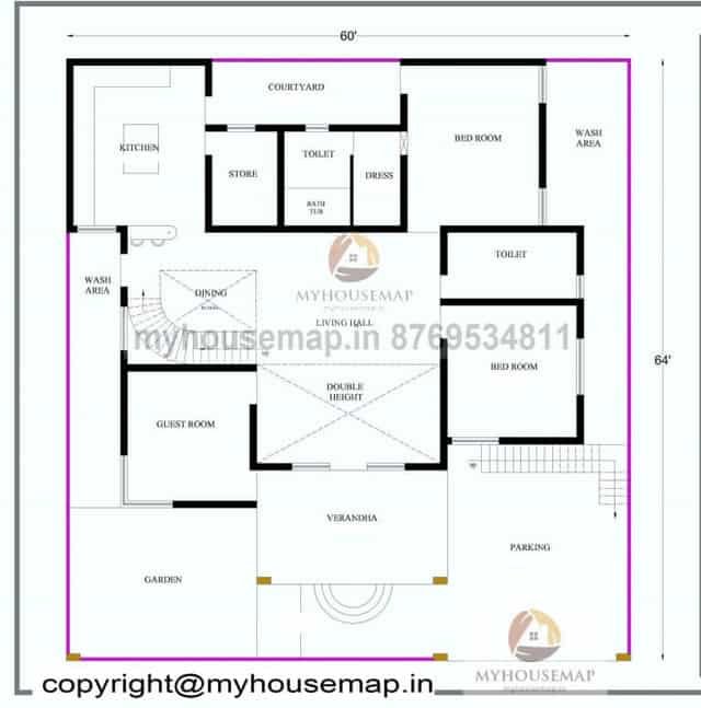 60×64 ft house plan 3 bhk