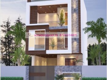 image of 3d elevation for 3 floor building and simple modern front with gray brown color theme