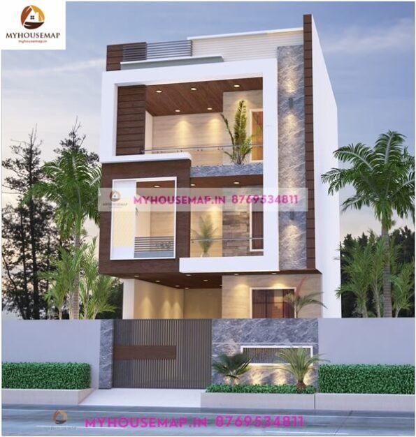 image of 3d elevation for 3 floor building and simple modern front with gray brown color theme