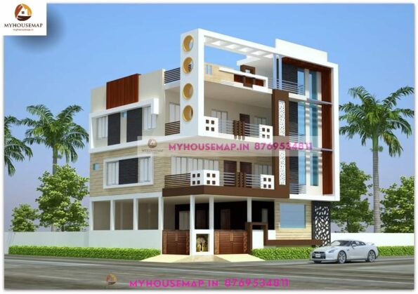 image of 3 story modern house design front and perfect color theme with corner home