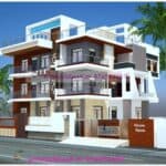 image of house front design 3 floor and two side elevation with gray, white and brown color