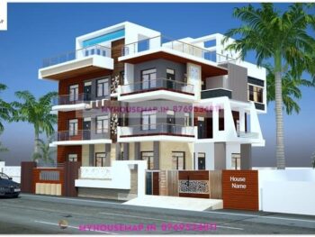 image of house front design 3 floor and two side elevation with gray, white and brown color