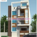 image of front elevation design for 3 floor building and best front section with white brown color theme