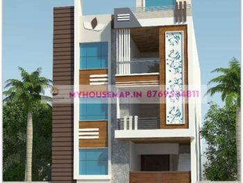 image of front elevation design for 3 floor building and best front section with white brown color theme